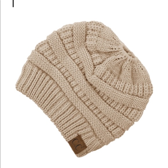 C.C Messy-bun Beanie Solid Color New Beige - Picture 3 of 4